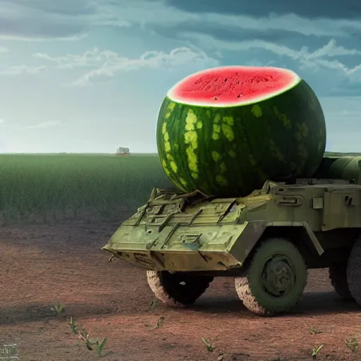 Image similar to Very very very very highly detailed Watermelon as military vehicle with epic weapons, launching rockets on a battlefield in russian city as background. More Military vehicle less watermelon .Photorealistic Concept 3D digital art in style of Caspar David Friedrich, super rendered in Octane Render, epic RTX dimensional dramatic light
