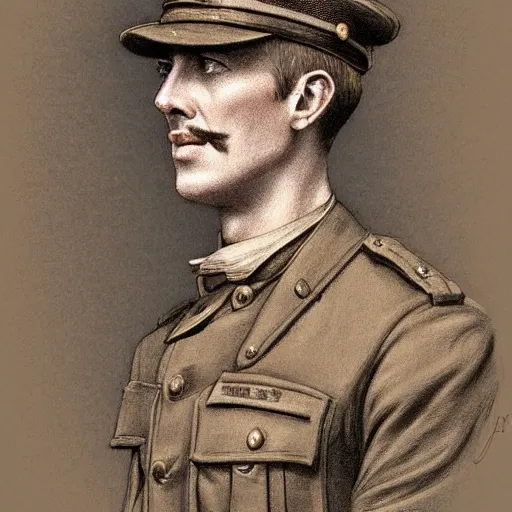 Prompt: a detailed photorealistic sepia - toned color line drawing of a 1 9 1 7 worried clean - shaven british lieutenant in detailed field gear not wearing a hat in wadi rum, ultra realistic, painted, intricate details, lovecraft, atmospheric, dark, horror, brooding, highly detailed, by clyde caldwell