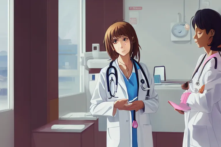 Prompt: a cute and beautiful young female doctor wearing white coat are talking with a nurse wearing pink coat in a hospital ward, highly detailed, digital painting, slice of life anime, illustration, anime scenery by Makoto shinkai