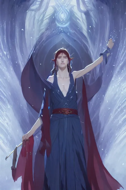 Image similar to elvish female sorcerer doing water magic spells, blue robes, red hair, finely detailed perfect face, exquisite details, mid view, design on a white background, by studio muti, greg rutkowski makoto shinkai takashi takeuchi studio ghibli