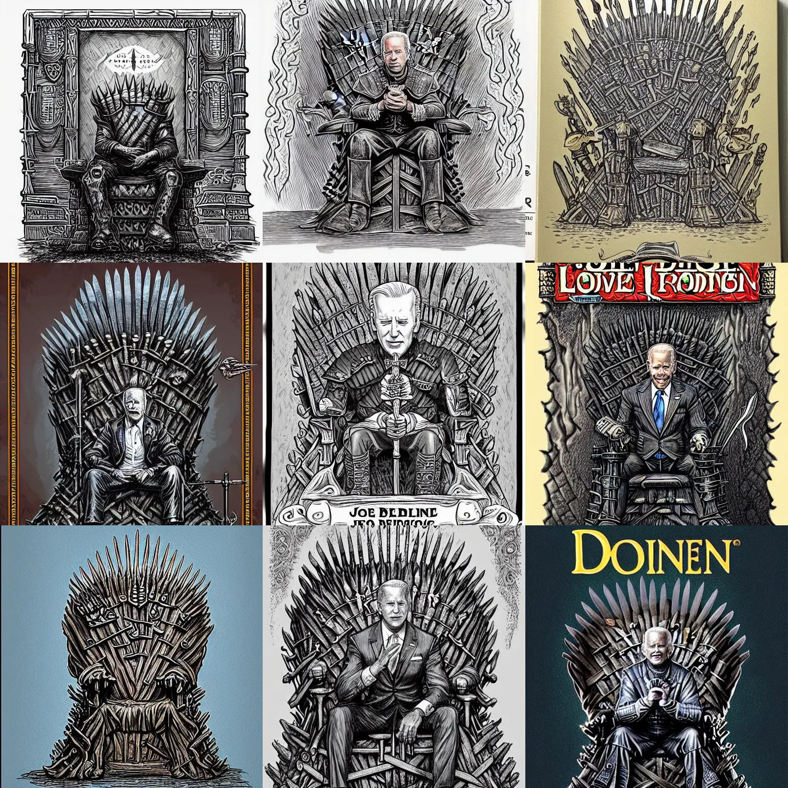 Prompt: hand drawn intricate detailed book cover portrait of Joe Biden lich king sitting on his iron throne, zombification lovecraftian D&D