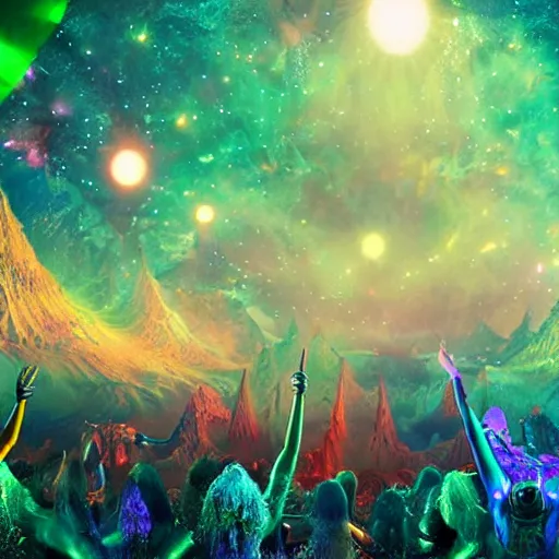 Image similar to a cosmic rave party in the end of the world, high detail beautiful matte painting, ultrarealistic, octane render, cosmic psychedelic art