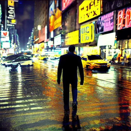 Image similar to « a man walking in a night raining streets, new york, big city, taxi, cars, shops one the side with neons, digital art, highly detailed, photorealistic, unreal engine 5, back view »