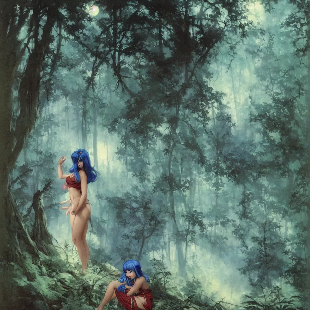 Prompt: beautiful young Asian elf woman with blue hair in a hazy forest at dusk, by Frank Frazetta