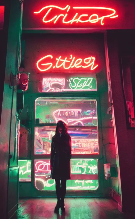 Image similar to vertical movie frame portrait of girl in 5 0's retro restaurant interior, neon - decorated urban on night in the city seen through the window, modern interior design, architectural design, vintage, night blade runner, dark, postapocalyptic, clean lines, 4 k, octane, asian futuristic city at distance, big windows, octane, wide angle