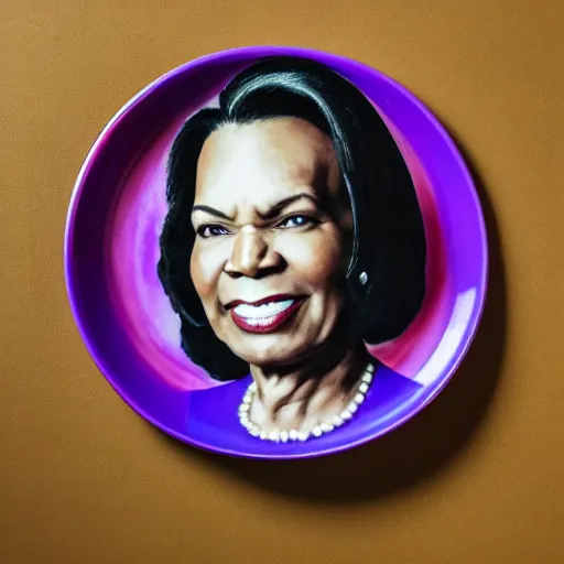 Prompt: Condoleezza Rice commemorative plate, studio photograph, XF IQ4, 150MP, 50mm, F1.4, ISO 200, 1/160s, natural light, Adobe Photoshop, Adobe Lightroom, photolab, Affinity Photo, PhotoDirector 365