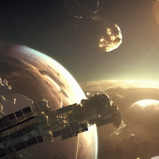 Image similar to fallout 4 in space, space station, stars, high res, raytracing, unreal engine