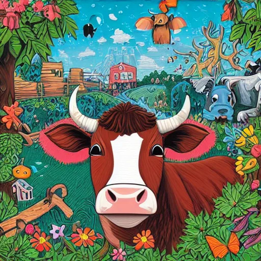 Prompt: A jigsaw with a cute illustration of a cow by Dan Mumford