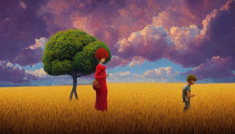 Image similar to giant red carnation afro head, full body, girl watching sunset, empty wheat field, surreal photography, colorful clouds, tree, impressionist painting, colorful clouds, digital painting, pointillism, artstation, simon stalenhag