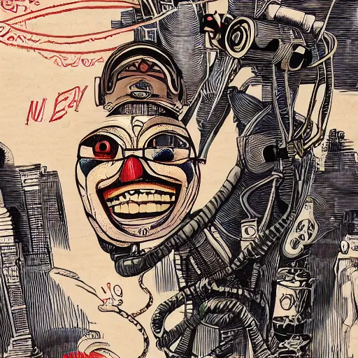 Prompt: Illustrated by Shepard Fairey and H.R. Geiger | Steampunk Clown Vampire with VR helmet, surrounded by cables