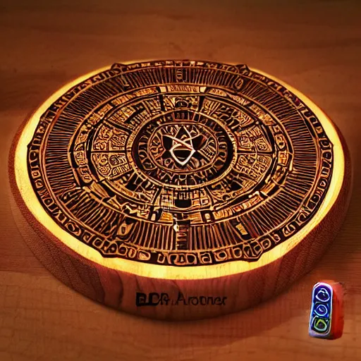 Image similar to a wooden ouija board, intricate, detailed, symbols, RGB LED lights, rendered