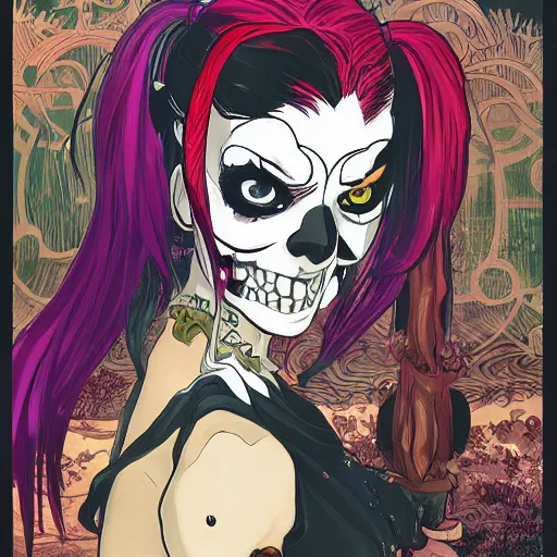 Image similar to anime manga skull portrait girl female HarleyQuinn skeleton illustration sunset art Geof Darrow and Ashley wood and Ilya repin and alphonse mucha pop art nouveau