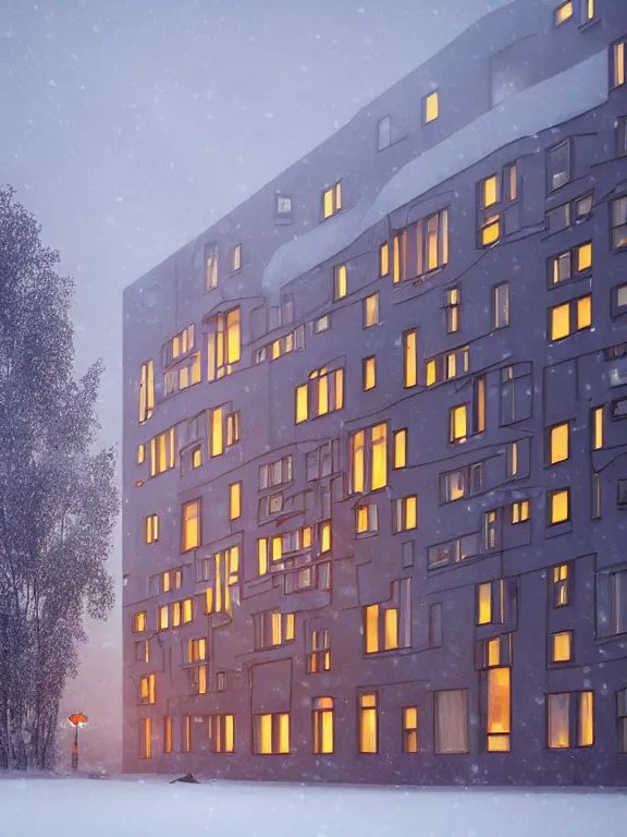 Prompt: award - winning photo of low soviet residential building, russian suburbs, lights are on in the windows, deep night,, cozy atmosphere, winter, heavy snow, light fog, streetlamps with orange light, volumetric light, several birches nearby, elderly people stand at the entrance to the building, mega detailed, unreal render