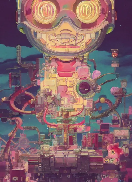 Image similar to a kawaii gouache painting, by yoshitaka amano, by Victo Ngai, by shaun tan, by good smile company, detailed anime 3D render of an attractive male modular mechanical android, portrait, cgsociety, by Peter Mohrbacher, by Lisa Frank, futuristic setting, gel lighting neon glow