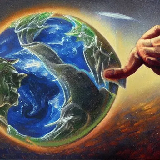 Prompt: masterful oil painting, of god arm wrestling a grey alien in the sky, background of the earth below them