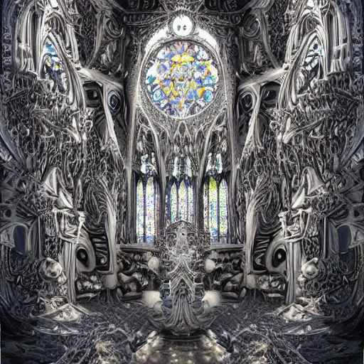 Image similar to beautiful hyperrealistic 3 d render of a delicate ivory sculpture of an ornate detailed cathedral populated by mandelbrot fractals by android jones, micro detail, unreal engine, dramatic lighting, psychedelic, octane renderer, catholicpunk, glowing, white color scheme, photorealistic, physically based rendering, angelic, hyper detailed, colorful, carved soap, trending on cgsociety