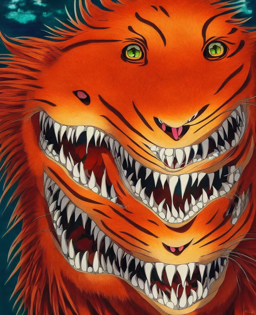 Prompt: beautiful painting from the anime film by studio ghibli, vibrant red anthropomorphic tiger human hybrid, golden hour, backlit, redwood forest, drooling teeth bared, too many eyes, too many mouths, too many teeth, fur, trending on artstation, by raqib shaw and MC Escher