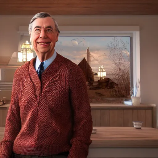 Prompt: mr rogers, wearing a sweater, sensual, romantic, dreamy, intricate, hyper detailed, accent lighting, dramatic light, 4 k octane render