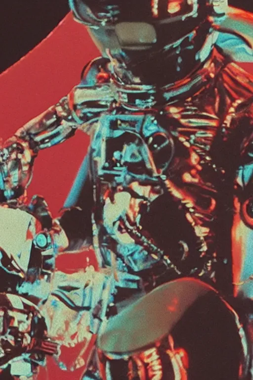 Image similar to astronaut with neon glowing skull 1 9 6 0 s color _ bleed _ video compression video glitch vhs footage akira kurosawa mamoru oshii wes anderson