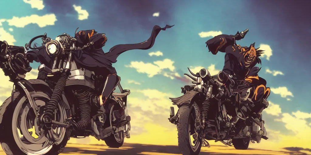 Prompt: high quality anime movie still, motorcycle, stylized action shot of an orc popping a wheelie on a motorcycle, menacing orc, clear focused details, anime, apocalyptic, studio ghibli, miyazaki, anime style