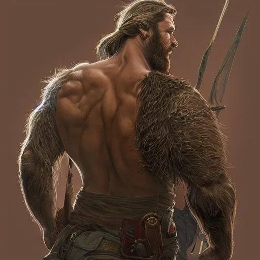 Prompt: back portrait of a rugged ranger, hairy, D&D, muscular, fantasy, intricate, elegant, highly detailed, digital painting, artstation, concept art, matte, sharp focus, illustration, art by Artgerm and Greg Rutkowski and Alphonse Mucha