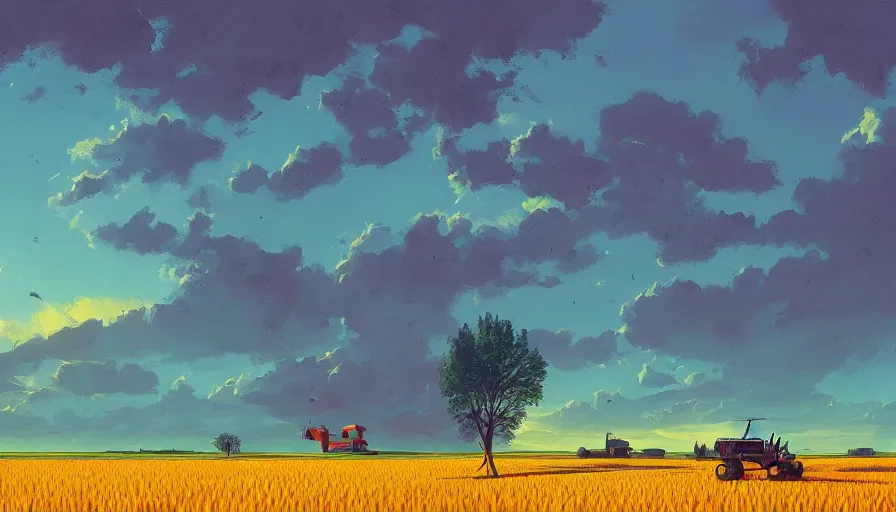 Prompt: colourful sky, wheat field, harvesting machines, big tree, matte painting, art station, digital art, simon stalenhag