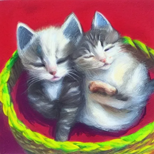 Prompt: two kittens sleeping in a basket, acrylic paint, warm color palette, happy