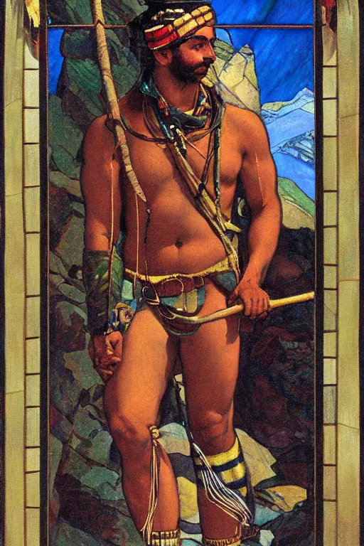 Prompt: a symmetrical tarot card of a brown buff shirtless desi mountaineer wearing a scottish tartan kilt on a snowy mountain peak. he has a wooden staff, cowboy hat, and boots. background is a stained glass golden sunrise. art deco, art nouveau, homoerotic. by raja ravi varma, by louis comfort tiffany, by albert bierstadt. trending on artstation.