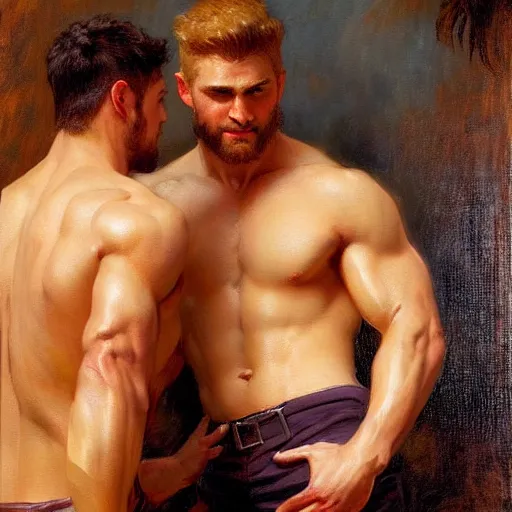 Image similar to attractive muscular male with brunet hair and attractive muscular male with blond hair. pants and shorts, drinking their hearts out, in a pub. very defined and detailed painting by gaston bussiere, j. c. leyendecker, craig mullins 8 k