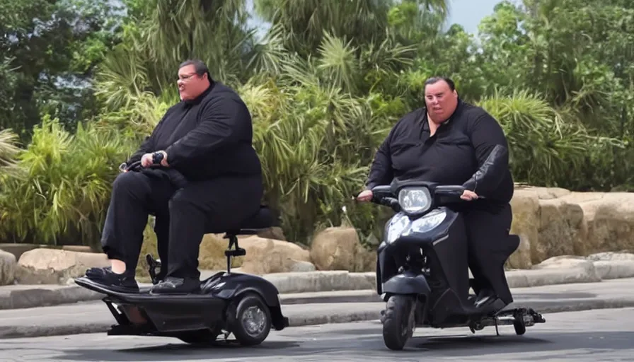 Image similar to obese Steven Seagal riding a mobility scooter, action cinematography