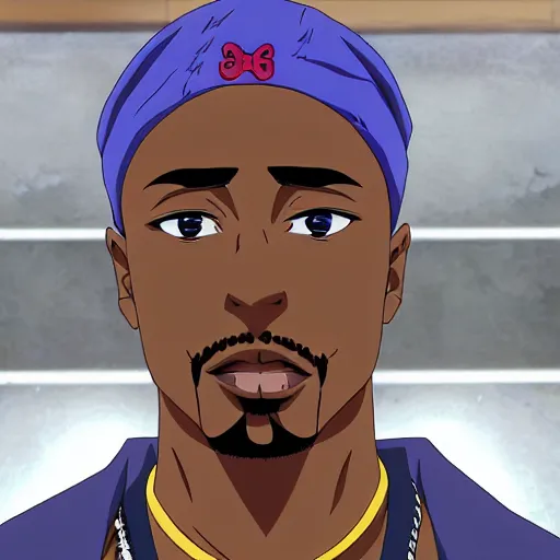 Image similar to Tupac Shakur, screenshot from a 2012s anime