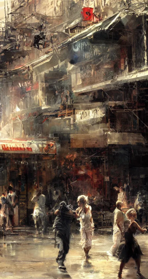 Image similar to painting of patients partying outside the dance club during a war, by Jeremy Mann and Jason Jenicke, highly detailed, stylized, loose brush strokes, intricate, realistic, exaggerated lighting, dramatic lighting, sense of scale, sense of movement, sensual