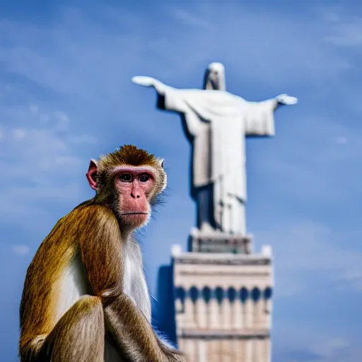 Image similar to high quality portrait of a monkey in front of Christ The Redeemer, studio photograph, photograph, realistic photo, 8k photo, 4k photo, stock photo, high resolution, cinematic shot, high detail