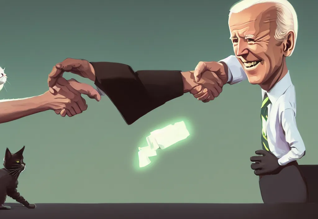 Prompt: joe biden shake hand with cute catgirl, epic debates, presidental elections candidates, cnn, fox news, fantasy, by atey ghailan, by greg rutkowski, by greg tocchini, by james gilleard, by joe gb fenton, dynamic lighting, gradient light green, brown, blonde cream, salad and white colors in scheme, grunge aesthetic