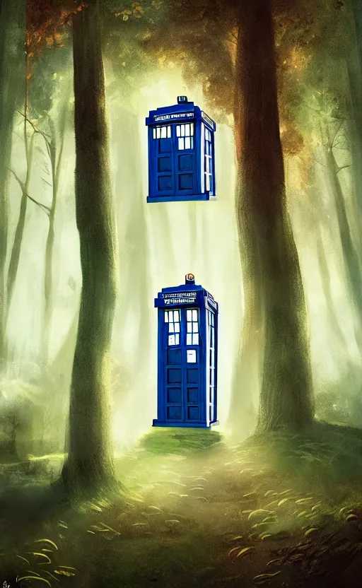 Image similar to a portrait of a tardis, in the woods, dynamic lighting, photorealistic fantasy concept art, trending on art station, stunning visuals, creative, cinematic, ultra detailed