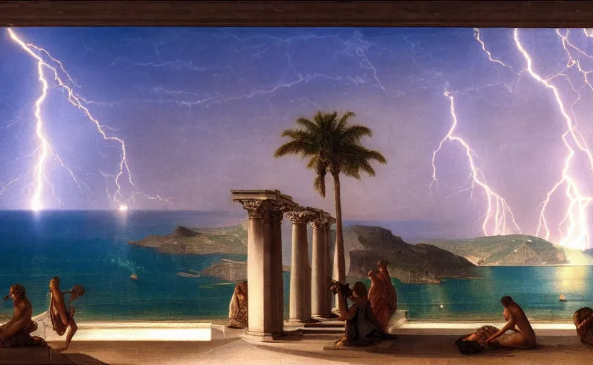 Image similar to mediterranean balustrade and columns, refracted lightnings on the ocean, thunderstorm, greek pool, beach and Tropical vegetation on the background major arcana sky and occult symbols, by paul delaroche, hyperrealistic 4k uhd, award-winning, very detailed paradise