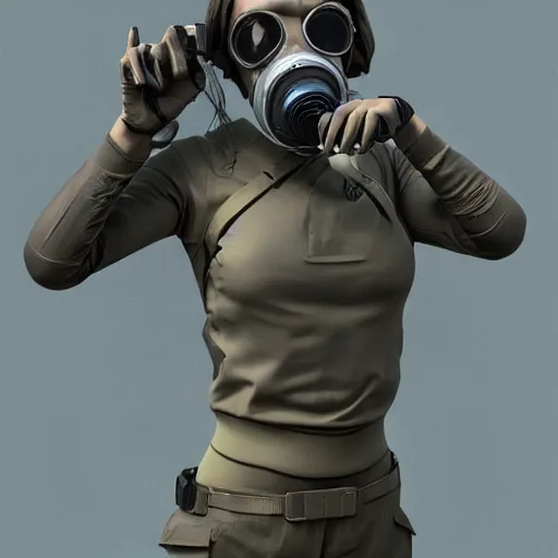 Image similar to woman with s 1 0 gas mask and a tactical uniform, mechanically augmented, trending on artstation, mysterious