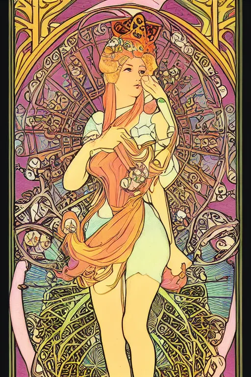 Image similar to full length painting of princess peach art nouveau, tarot card by mucha, gaudy colors, sharp edges, intricate linework.