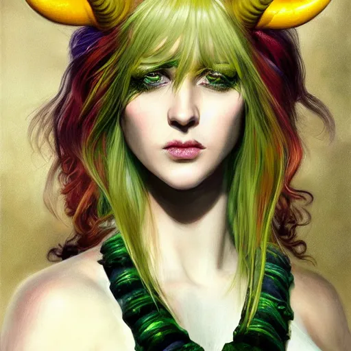 Image similar to A Beautiful Professional Model with Green hair and Yellow eyes and demon horns, fashionable clothes, detailed, looking seductively at the camera, centered, digital painting, artstation, concept art, donato giancola, Joseph Christian Leyendecker, WLOP, Boris Vallejo, Breathtaking, 8k resolution, extremely detailed, beautiful, establishing shot, artistic, hyperrealistic, beautiful face, octane render, cinematic lighting, dramatic lighting, masterpiece