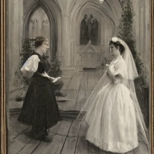 Prompt: two young edwardian women getting married in a church, in the style of Anders Zorn