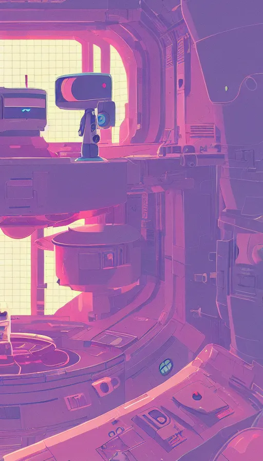 Prompt: a lonely robot in a space station, sharp focus, james gilleard, moebius, print, risograph, cinematic, game art