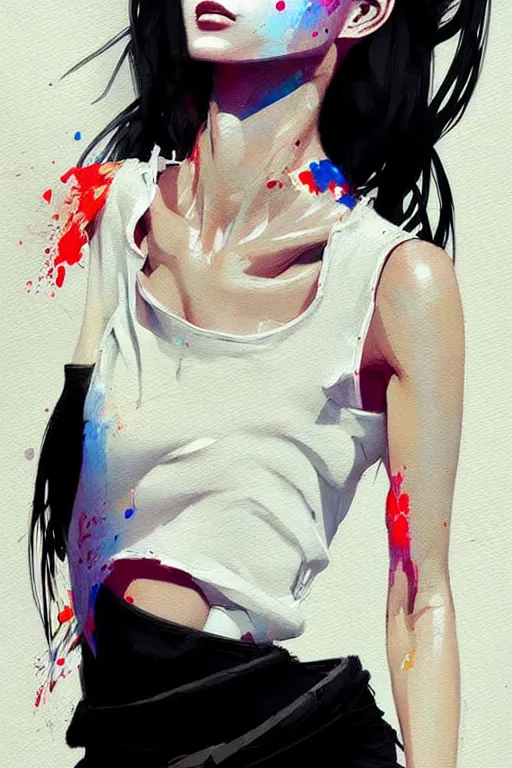 Prompt: a ultradetailed beautiful painting of a stylish woman with a white tank top, by conrad roset, greg rutkowski and makoto shinkai trending on artstation