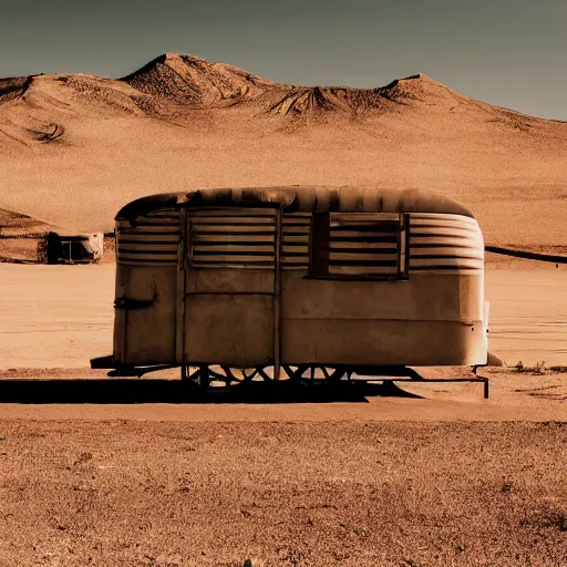 Prompt: a scenography of an old circus caravan in the middle of a desert.