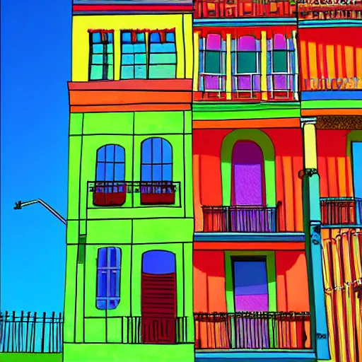 Prompt: A colorful Mexican building in the style of Tim Burton, digital Art