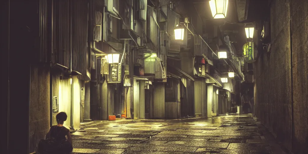 Image similar to quiet tokyo alley at night, raining, dim volumetric lighting, 8 k octane render, hdr, hyper realistic, hyperdetailed, epic composition, cinematic lighting, masterpiece, street photography