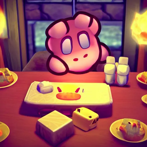 Image similar to kirby eating dinner with companion cube from the game portal, romantic, candlelight, realistic, source engine