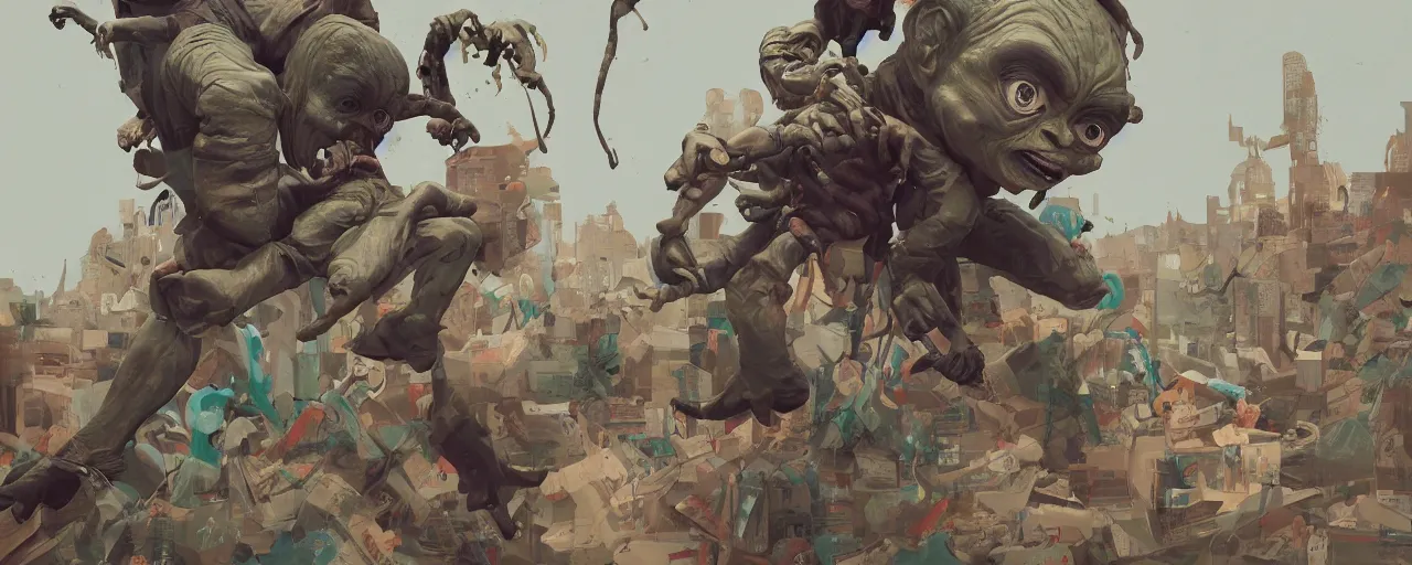Image similar to duotone olive mutagen illustration 3 / 4 portrait of gollum kung fu fighting with michelin mans chaotic composition accidental renaissance golden ratio. by sachin teng and sergey kolesov and ruan jia and heng z. graffiti art, scifi, fantasy, hyper detailed. octane render. concept art. trending on artstation