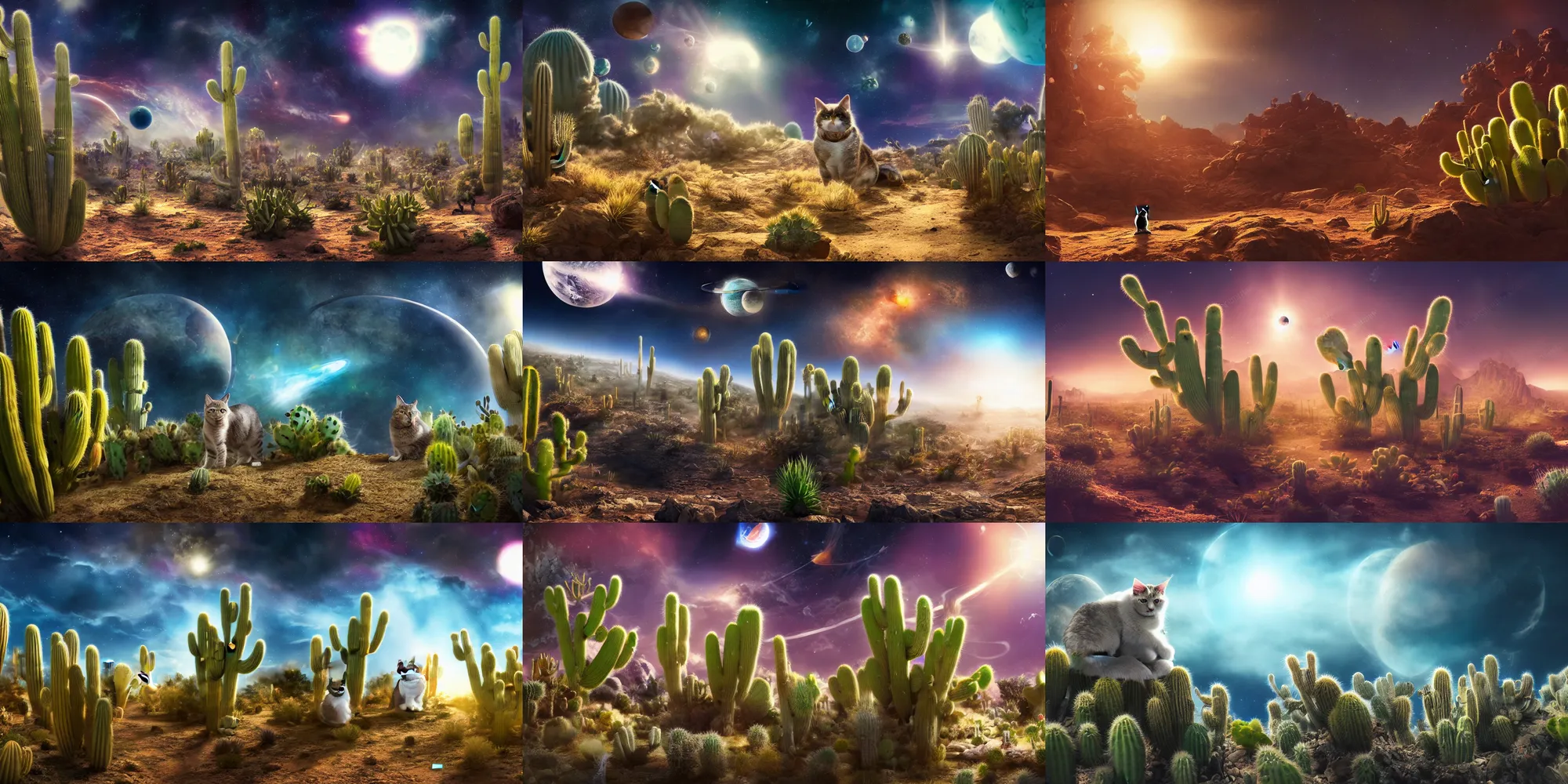 Prompt: A cat in a space suit on a planet with a lot of cactuses, beautiful digital art, dramatic volumetric lighting, epic composition, high detail, 4K Ultra HD