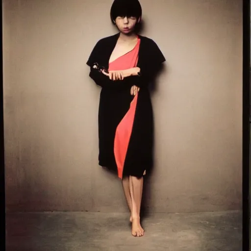 Prompt: filipino woman with short hair wearing a yohji yamamoto dress, portrait, colored photo, by david bailey, nan goldin, annie liebovitz