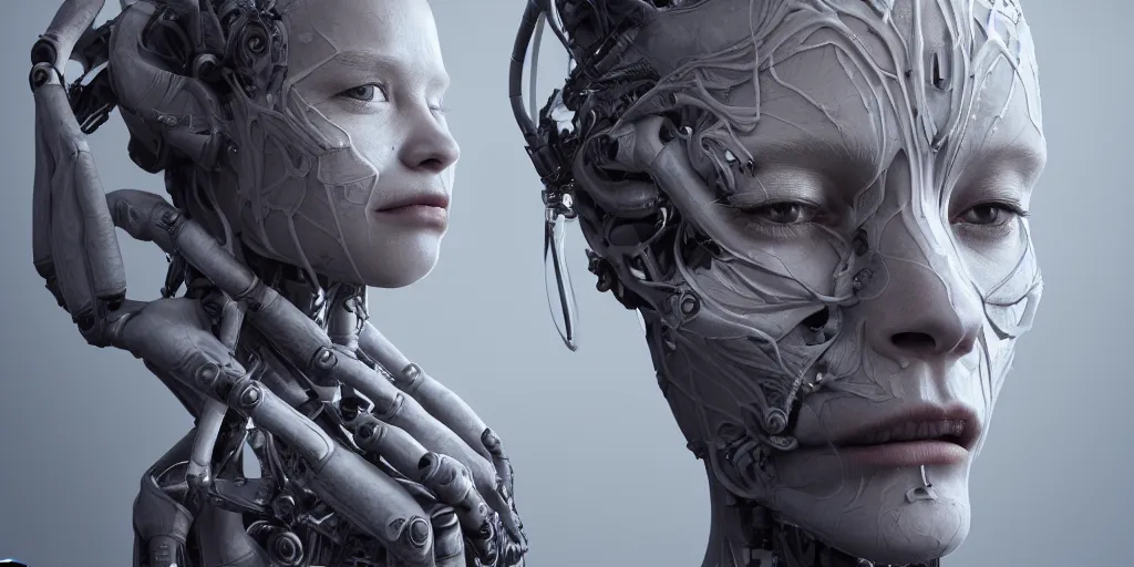 Image similar to photorealistic gorgeous symmetrical female cyborg, holding intimately, highly detailed, intricate detailing, torso, neck, knees, in the style of, beth cavener, jin kagetsu, wlop, masterpiece, concept art, high key lighting, ambient lighting, octane render, 8 k, artstation